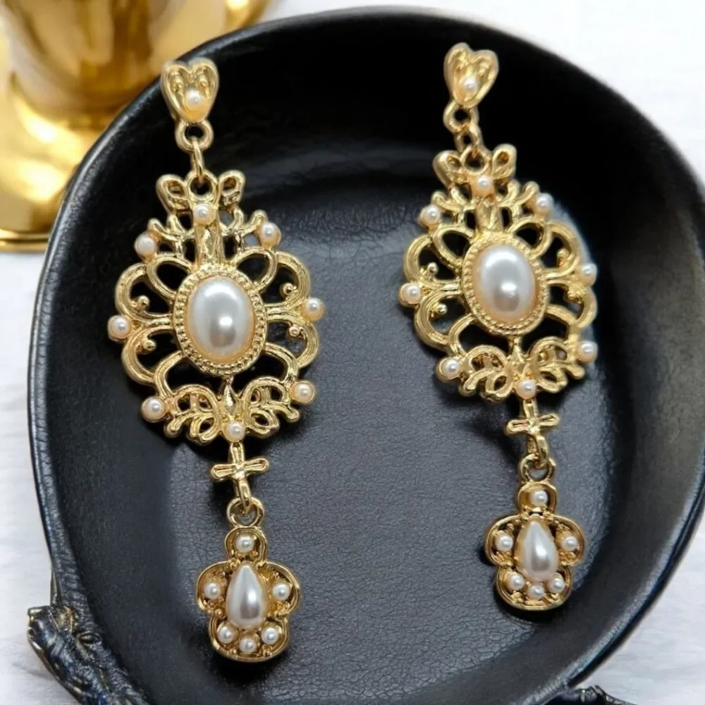 Gold Filigree Pearl Drop Earrings Bridal Wedding Dangle Earrings Vintage Glamour